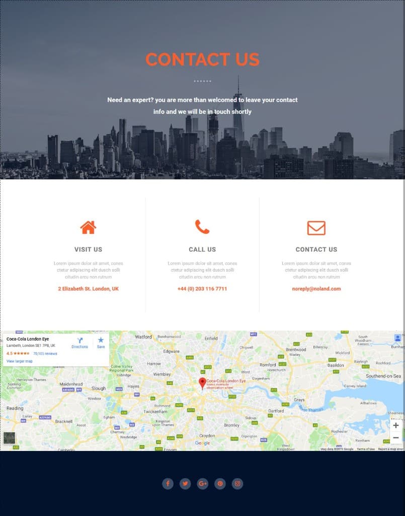 Grayscale city skyline photograph used behind the Contact us heading